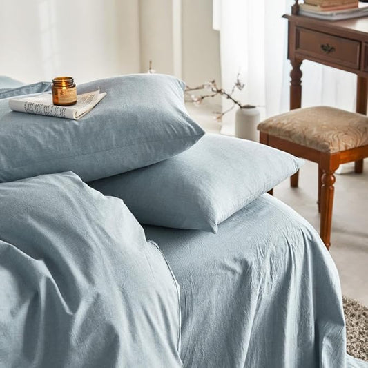 Wake In Cloud - Cotton Duvet Cover Set, 100% Washed Cotton, Linen Like Textured, Breathable Durable Comfy Farmhouse Neutral Bedding Set, 3 Pieces, Light Denim Blue, Full Size