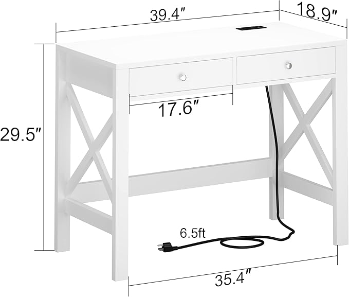 ChooChoo Computer Desk with USB Charging Ports and Power Outlets, Modern Simple 40 Inches Desk with Drawers, Makeup Vanity Console Table, White