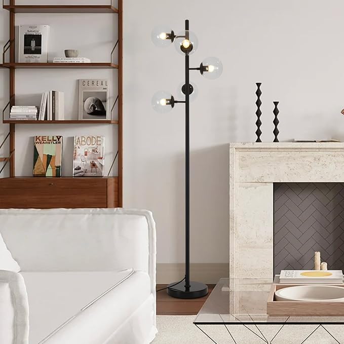 KCO Lighting 5 Light Globe Floor Lamp Black Tall Floor Lamp Mid Century Modern Floor Light Contemporary Standing Lamps for Living Room Bedrooms Office