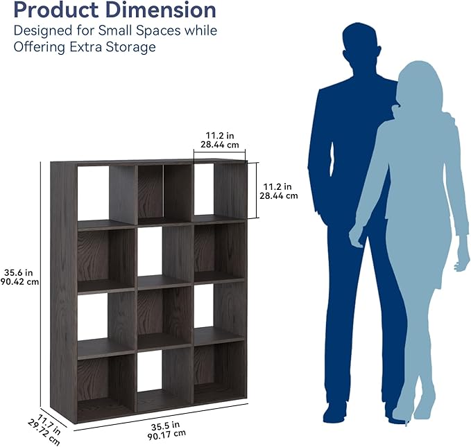 Whitmor 12 Cube Storage Organizer, 4 Tier Stackable Mdf Wood Bookcase, Open Storage Display Bookshelf, Storage Cabinet for Living Room, Bedroom, Home, Office, 35.1"L x 11.7"W x 47.5"H, Espresso