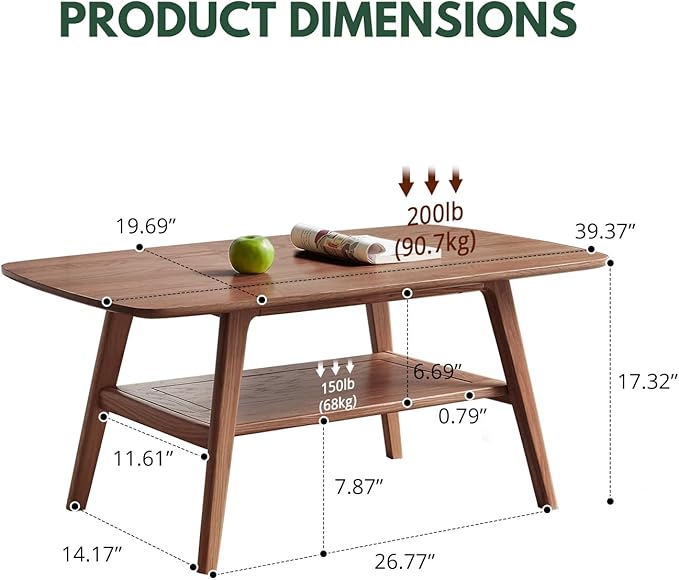 Mid Century Modern Coffee Table: 100% Solid Wood Coffee Table - 2-Tier Storage Design - Practical Coffee Tables for Living Room, Apartment, Easy Assembly (Walnut, 39.37")