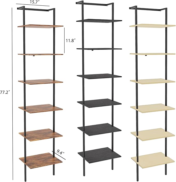 6-Tier Ladder Shelf, 77 Inches Wall Mounted Ladder Bookshelf with Metal Frame, Wood Tall Open Storage Rack and Display Shelves for Home Office Bedroom Living Room, Rustic Brown
