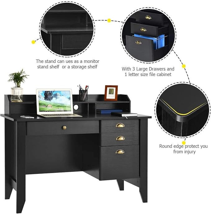 4EVERWINNER Computer Desk with 4 Drawers and Extra Storage Hutch, Wooden Grain Vintage Executive Desk Modern Style Work Office Desk for Bedrooms Laptop Study Writing Table for Small Spaces, Black