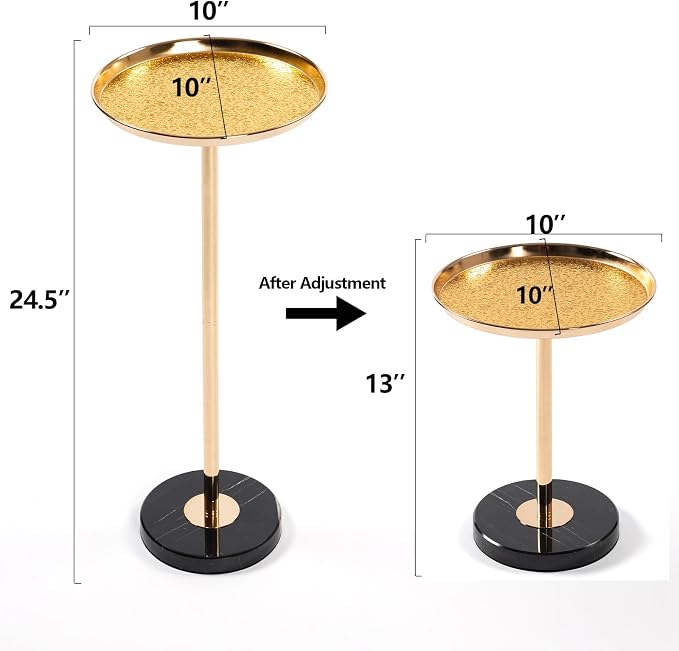 Adjustable Side Table, Small Tea Martini Table, Gold, Natural Marble Decorative Pedestal End Table for Display and Storage (Gold + Large)