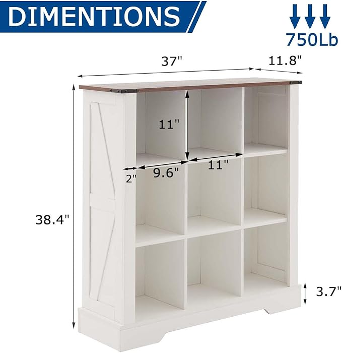 9 Cube Storage Organizer, 3 Tier Book Shelf with Led Lights, Farmhouse Book Shelves for Living Room, Horizontal Toy Storage Bookshelf, Wood Display Bookcase Cabinet for Bedroom, Office, White