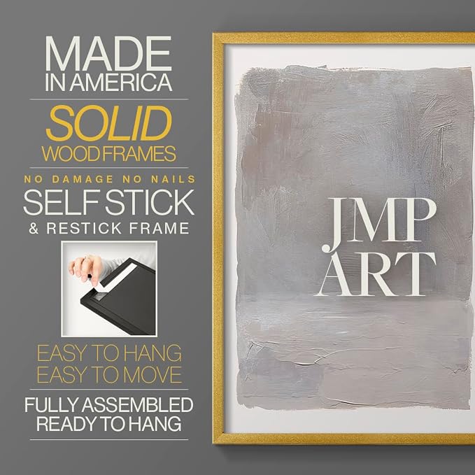 Renditions Gallery Set of 2 Peel & Stick Framed Prints, Watercolor Abstract Wall Art, Neutral Tones Textured Brushstrokes Wall Decor, Re-Stickable - Ready to Hang - 16"x20" - GOLD Frame LT588