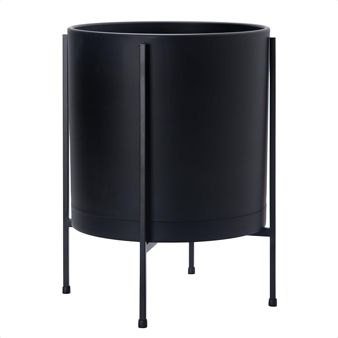 D'vine Dev 14 Inch Black Planter Pot with Stand – Modern Plastic Cylinder Flower Pot with Heavy-Duty Metal Stand for Indoor Plants, 55-D-B-4
