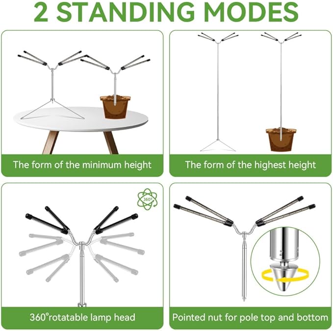 Grow Lights for Indoor Plants Full Spectrum,15-62 Inches Height Adjustable Dsektop and Standing Plant Growing Lights with Detachable Tripod Stand for Large and Small Plants, Auto On/Off Timer