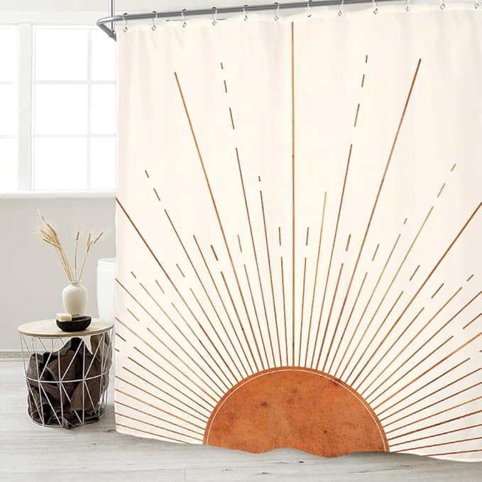 Miyotaa Rust Sun Abstract Shower Curtain Set 60Wx71H Inches Minimalist Mid Century Modern Vintage Aesthetic Sunrise Polyester Waterproof Bathroom Curtain with 12 Hooks