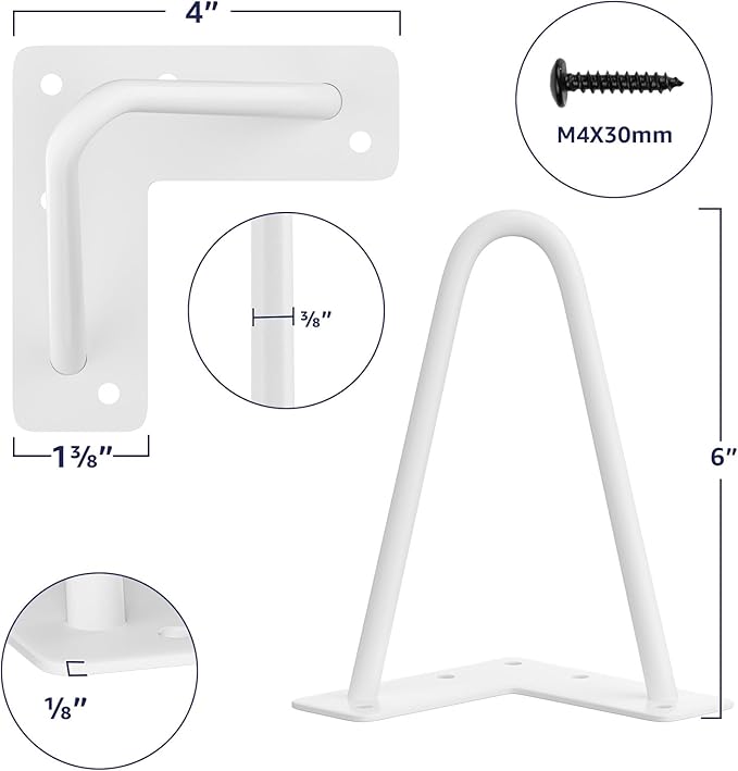 SMARTSTANDARD 6 Inch Heavy Duty Hairpin Furniture Legs, Metal Home DIY Projects for TV Stand, Sofa, Cabinet, etc with Rubber Floor Protectors White 4PCS