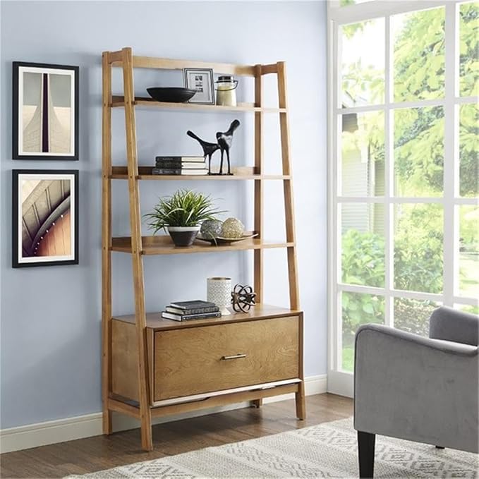 Pemberly Row 38" 4 Shelf Bookcase, Acorn Finish, MDF & Solid Hardwood, Mid-Century Modern Ladder Style, 70.25" H x 15" D, File Drawer & Metal Hardware, Storage for Home Office or Living Room