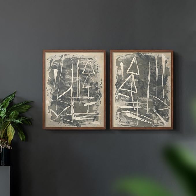 Renditions Gallery Set of 2 Peel & Stick Framed Prints, Trendy Abstract Wall Art, Textured Linework Striking Wall Decor, Re-Stickable - Ready to Hang - 8"x10" - Walnut Frame LT588