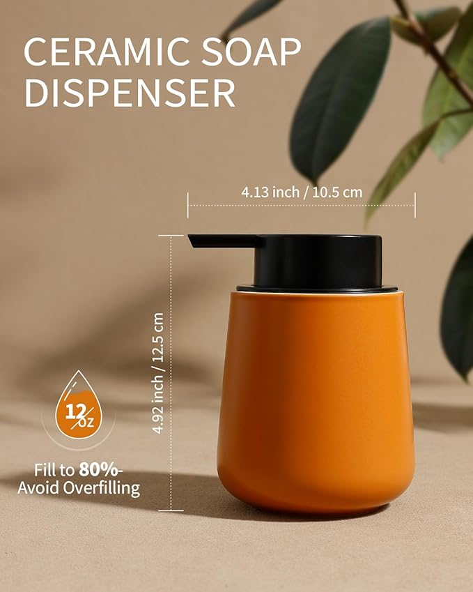 BosilunLife Foam Hand Soap Dispenser - 12 oz Bathroom Hand Pump Dispenser Foaming Soap Dispenser Ceramic Dish Wash Dispenser for Kitchen, Orange
