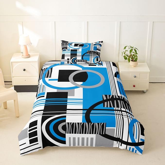 Erosebridal Art Deco Mid Century Duvet Cover Set Retro Modern Abstract Geometric Twin Bedding Sets for Girls Teenage Boys Black and White Blue Circles Stripes Comforter Cover Contemporary Bed Set