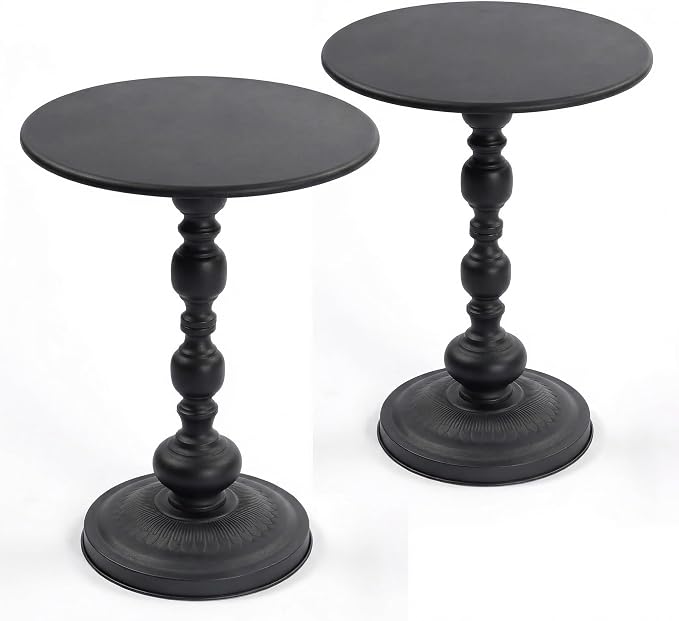 Round Drink Tables Set of 2, Vintage Black Metal Pedestal Side Tables for Living Room, Small Martini Accent Tables for Sofa Bedside Nightstand Small Spaces