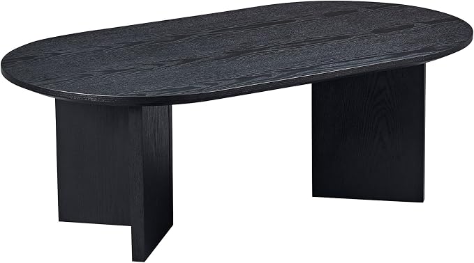 SSLine Mid-Century 39.37" Oval Coffee Table with Pedestal Base Black Wood Grain Top Cocktail Center Table for Living Room Bedroom