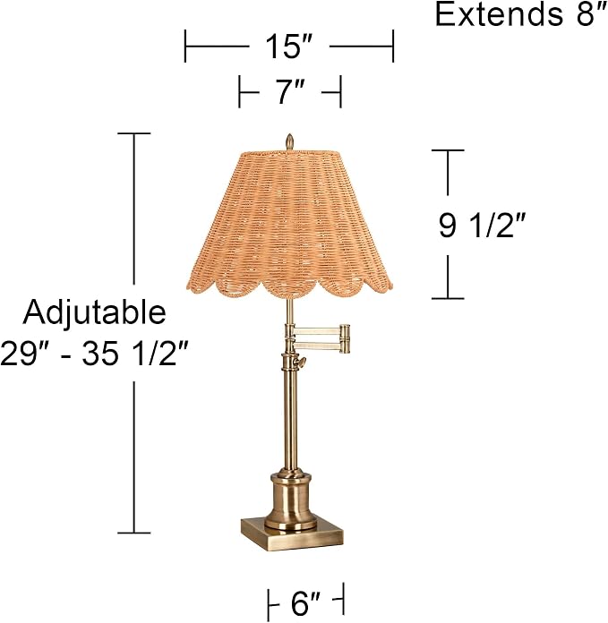360 Lighting Westbury 35 1/2" Tall Large Traditional Natural Cottage Core End Table Lamp Adjustable Height Swing Arm Gold Brass Finish Single Rattan Beige Shade Living Room Bedroom Nightstand