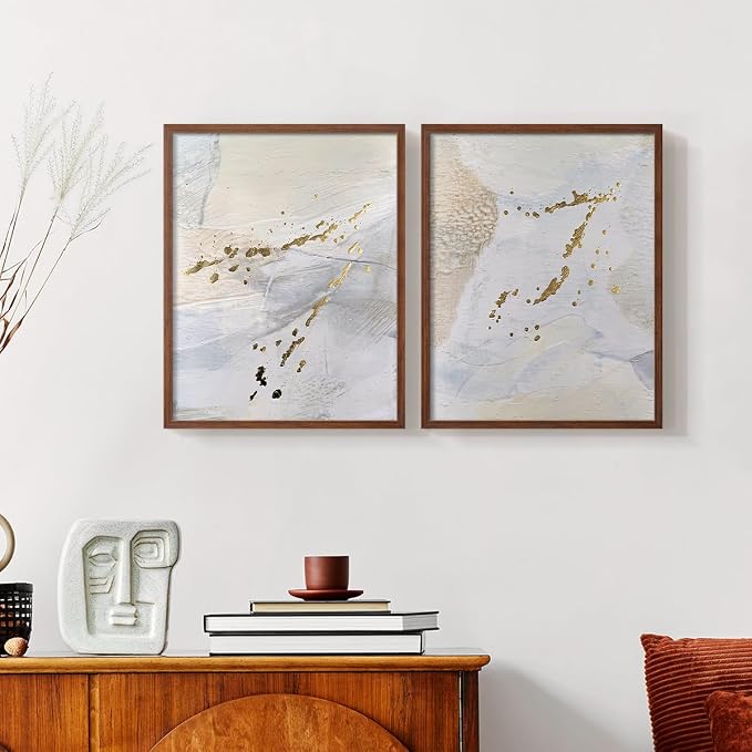 Renditions Gallery Set of 2 Peel & Stick Framed Prints, Modern Abstract Wall Art, Gold Sprinkle Oil Painting Wall Decor, Re-Stickable - Ready to Hang - 16"x20" - Walnut Frame LT588
