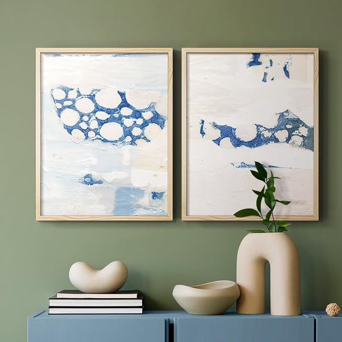 Renditions Gallery Set of 2 Peel & Stick Framed Prints, Textured Abstract Wall Art, White Blue Bubble Like Pattern Wall Decor, Re-Stickable - Ready to Hang - 8"x10" - NATURAL WOOD Frame LT588