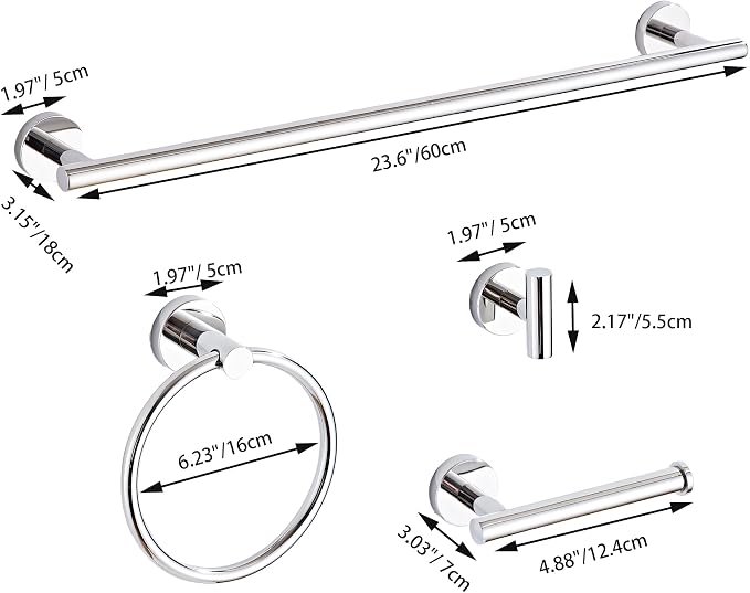 Chrome Bathroom Hardware Set 5 Piece with Towel Racks for Bathroom, SUS304 Stainless Steel Bath Towel Bar Set, 24 Inch Wall Mounted Accessories Kit…