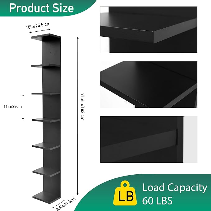 7 Tier Wall Shelf Unit,Vertical Column Floating Storage Home Decor Organizer,Black Lack Wall Shelf for Bedroom,Living Room,Office Decor(2 Pack)