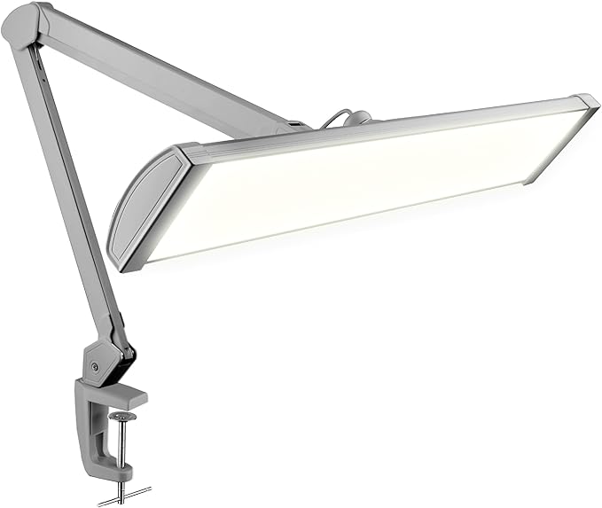 Neatfi LED Desk Lamp, 3,500 Lumens, 3 Light Modes, Dimmable, 45W, 26” Wide Shade, 540 SMD LEDs, Eye-Caring Task Lamp for Reading, Crafting, Workbench, Office (CCT with Clamp, Silver)