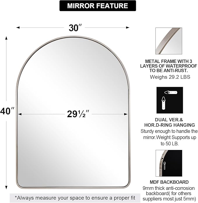ANDY STAR 30x40’’ Brushed Nickel Arched Mirror, Brushed Silver Arched Bathroom Mirror, Arched Vanity Mirror for Wall, SUS304-Anti-Rust, Tube Frame, Wall-Mounted Vertical 1’’ Deep