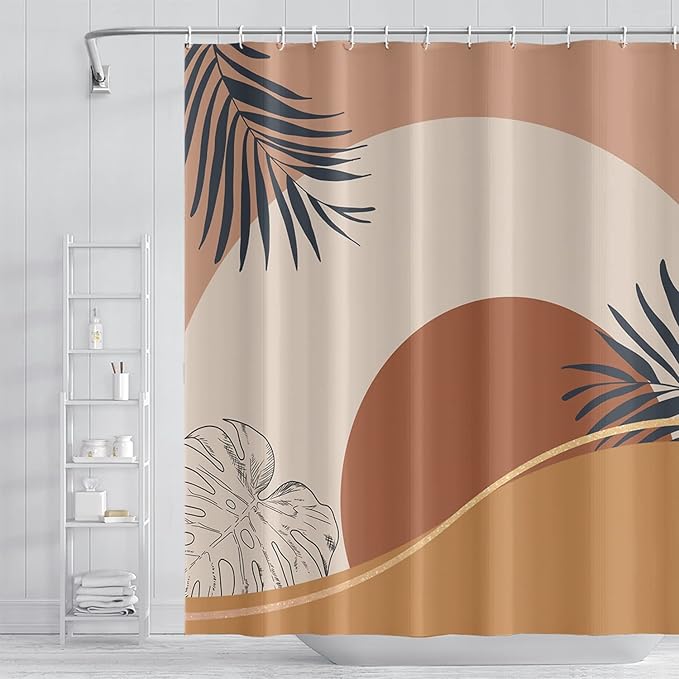 Abstract Mid Century Boho Bathroom Shower Curtain - Orange Sun Eucalyptus Leaves Shower Curtain with Hooks - Waterproof Polyester Fabric - 48x72 Inch