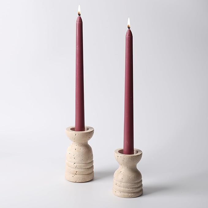 WORHE Candle Holders Italy True Natural Travertine Stone Set of 2 Premium Marble Candlestick Holder for Wedding Dinning Party Candle Stand for Dia 3/4" Taper Pillar Candles Color Beige (CH6065YL)