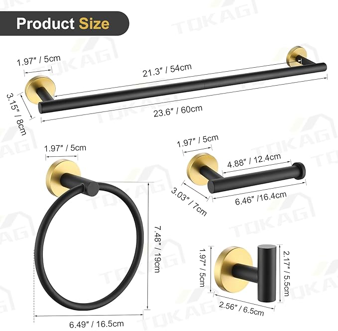 TQKAG Black and Gold Bathroom Hardware Set 6-Piece Bathroom Accessory Set 23.6 Inch Round Stainless Steel Towel Bar Set Wall Mounted
