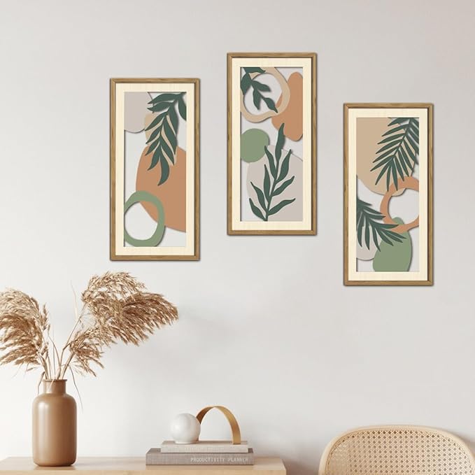 IARTTOP Sage Green Wall Art Framed Set of 3 Green Abstract Wood Wall Decor Boho Plant Neutral Wall Art Geometric Aesthetic Botanical Artwork for Living Room Bedroom Office 7.9 x15.8 Inch