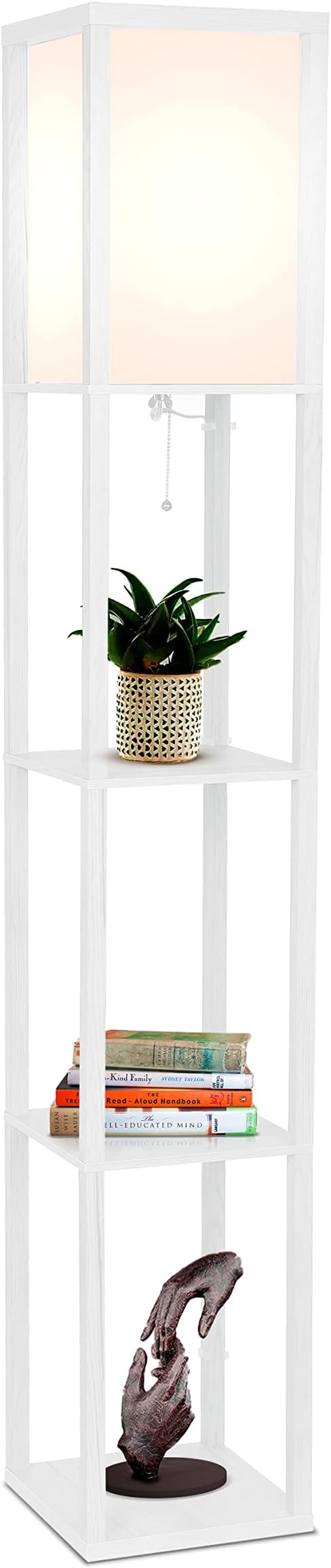 Brightech Maxwell - Modern Shelf Floor Lamp with Lamp Shade & Warm White LED Bulb, Corner Display Floor Lamp with Shelves for Living Room, Bedroom, Nightstand Office, Home Decor Storage - White