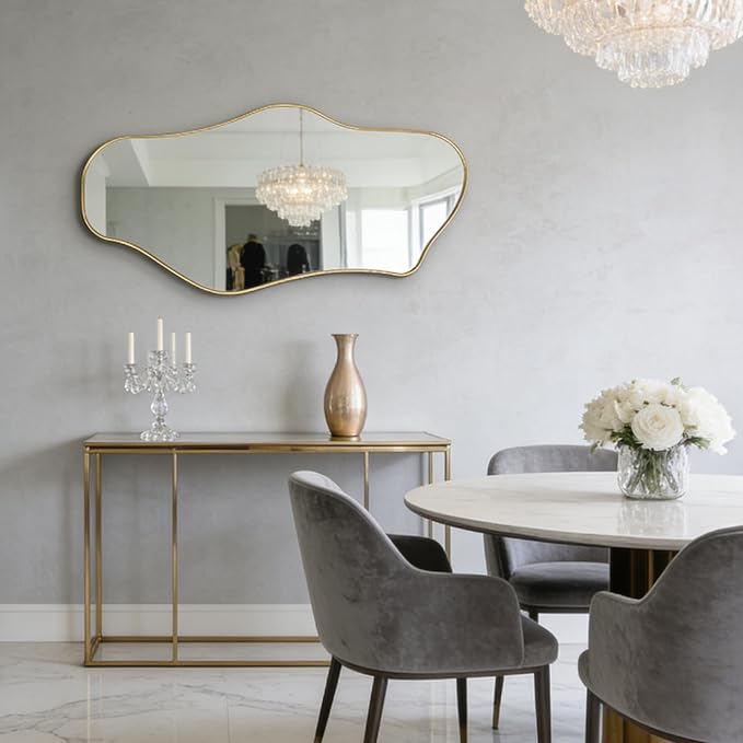 Gold Irregular Mirror, 40"x18" Asymmetrical Mirrors with Metal Frame, Unique Shaped Mirror Decorative, Modern Abstract Mirrors for Living Room Bathroom Bedroom Hallway Entryway Fireplace