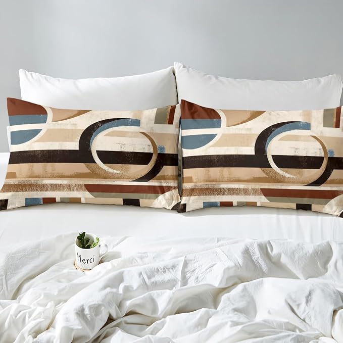 Modern Geometric Duvet Cover Set Full Size,Abstract Graffiti Striped Circle Bedding Set,Boys Girls Room Decor,Minimalist Aesthetic Simple Comforter Cover,Brown Quilt Cover,2 Pillowcases(No Filler)