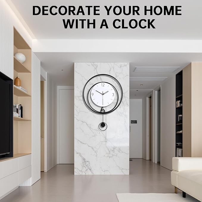 Decorative Wall Clock, Silent Non-Ticking Quality Quartz Movement Battery Operated with Pendulum, Large Wall Clocks for Living Room Kitchen Home Bathroom Bedroom Wall Decor,13x17inch(White)