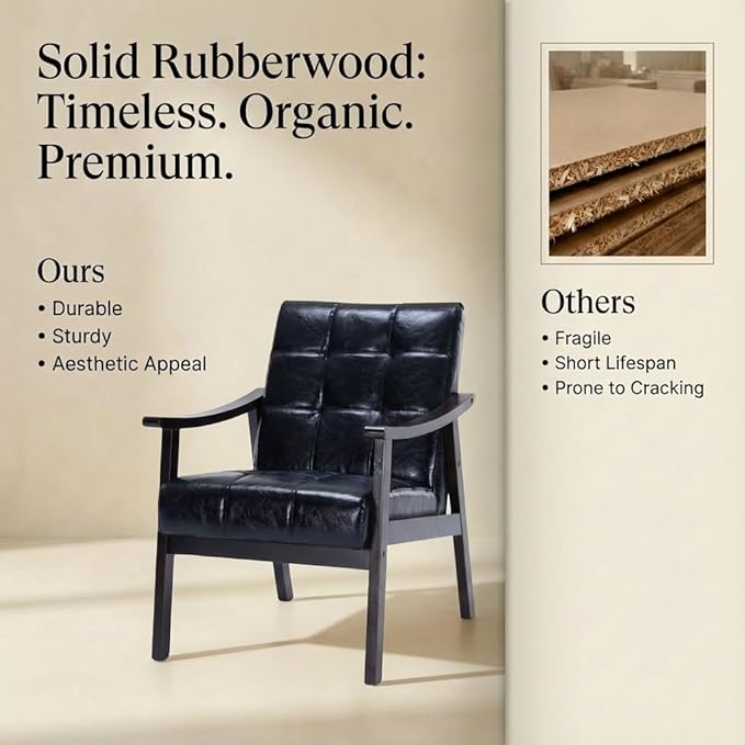 Mid-Century Modern Accent Chair, Upholstered Arm Chair Solid Wood Frame for Lounge, Living Room, Reading Room, Bedroom (Antique Black + PU Leather)