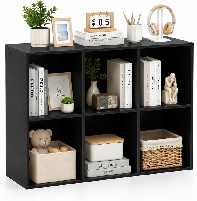 POWERSTONE 6 Cube Storage Organizer, Open Cube Bookshelf with Back Panels, Modern Display Cubby Bookcase for Bedroom Living Room Home Office, Black