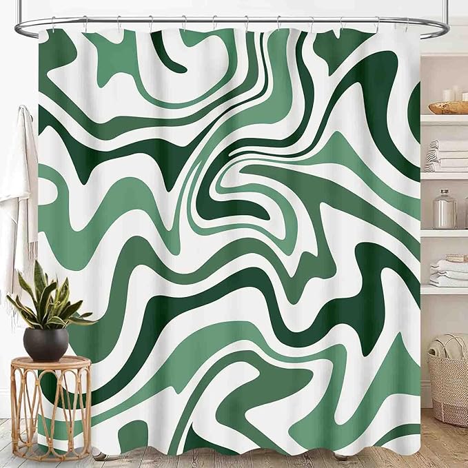 Hippie Shower Curtain, 70s Retro Colorful Green Pastel Wave Hippie Abstract Swirl Aesthetic Boho Funky Trippy Waterproof Fabric Bath Shower Curtain Set with Hooks, 72"x84" Inch