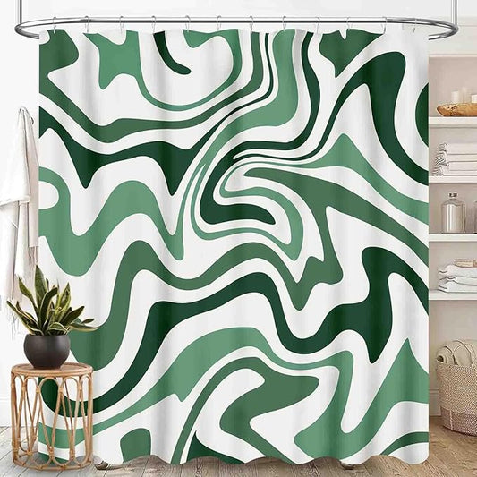 Hippie Shower Curtain, 70s Retro Colorful Green Pastel Wave Hippie Abstract Swirl Aesthetic Boho Funky Trippy Waterproof Fabric Bath Shower Curtain Set with Hooks, 72"x84" Inch