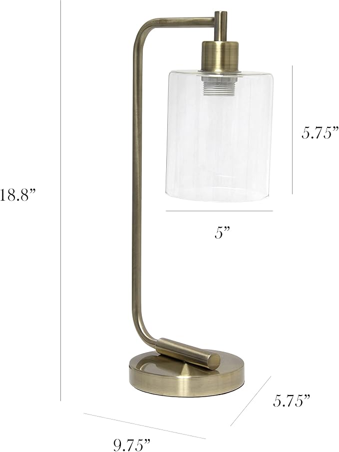 Simple Designs LD1036-ABS-LB 18.8" Industrial Bronson Antique Style Iron Lantern Desk Table Lamp with Glass Shade for Office, Living Room, Bedroom, Antique Brass, with Feit LED Bulb Included