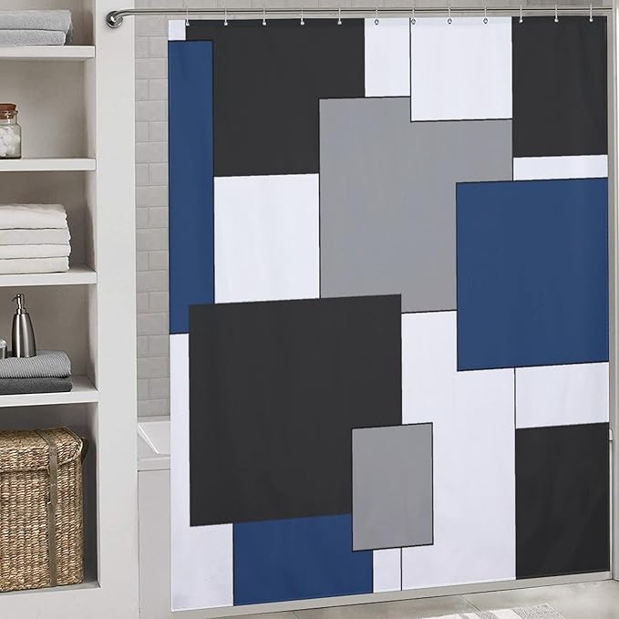 Retro Geometric Shower Curtain,Blue Black Modern Geometry Minimalist Neutral Design Bathroom Curtain Polyester Waterproof Fabric Decor 72x72in（183x183cm）