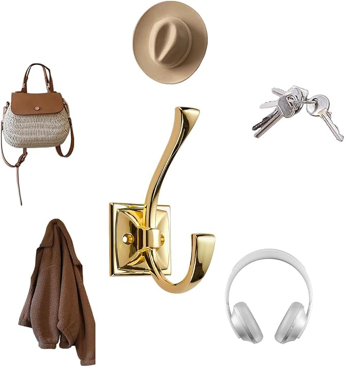 10 Pack Decorative Heavy Duty Towel Hooks for Hanging Robe Double Polished Brass Coat Hooks Wall Mounted with Screws for Key, Towel, Bags, Cup, Hat