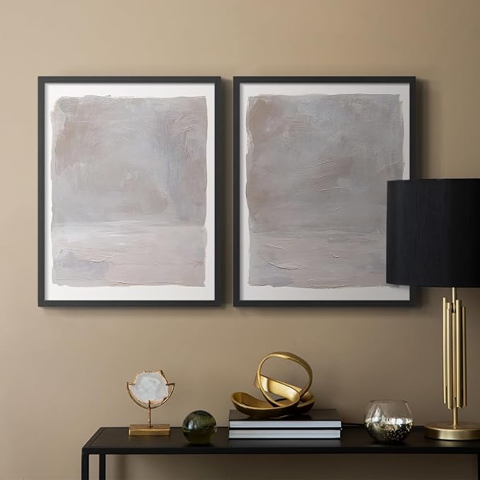 Renditions Gallery Set of 2 Peel & Stick Framed Prints, Watercolor Abstract Wall Art, Neutral Tones Textured Brushstrokes Wall Decor, Re-Stickable - Ready to Hang - 16"x20" - Black Frame LT588