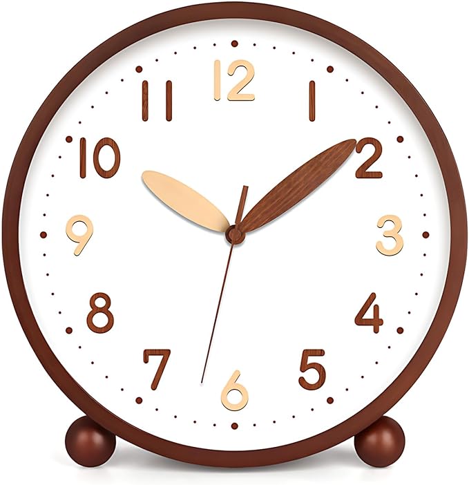 Maxspace Wooden Table Clock,8in Silent Non-Ticking Desk Clock,Battery Operated Desktop Analog Clock for Living Room Bedroom Kitchen Office Classroom Decor (Walnut - Double Wood Font)