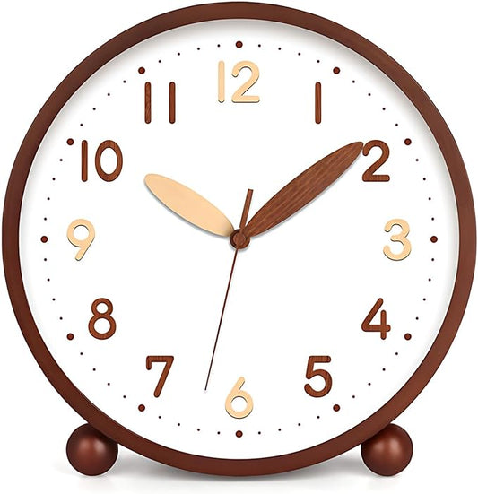 Maxspace Wooden Table Clock,8in Silent Non-Ticking Desk Clock,Battery Operated Desktop Analog Clock for Living Room Bedroom Kitchen Office Classroom Decor (Walnut - Double Wood Font)