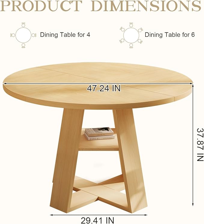 47.2" Round Dining Table for 4-6, Circle Kitchen Table with Open Storage Shelf, Farmhouse Dinner Table with Cross Pedestal Base for Dining Room, Kitchen, Living Room, Burlywood