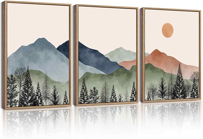 KUVIOKE Mountain Landscape Framed Wall Art Watercolor Nature Painting Boho Sun Rise Prints Farmhouse Rustic Room Decor Ready to Hang 12x16in (Natural Framed)