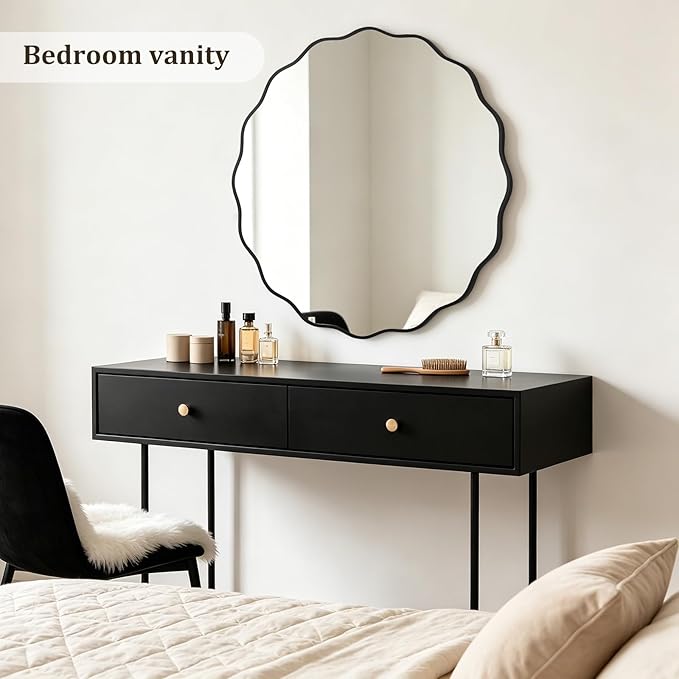 WallBeyond Round Wavy Mirror for Wall Decorative 36 inch, Modern Round Mirror Aluminum Frame for Bathroom Bedroom Living Room Home House Office Entryway, Black