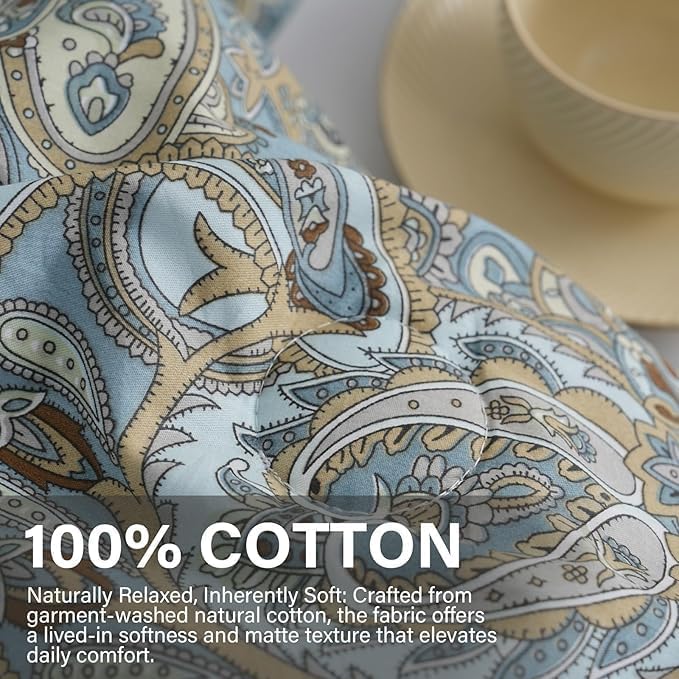 100% Cotton Duvet Cover Queen Size Blue Boho Paisley Pattern Duvet Cover Sets with Zipper Closure 3 Pcs Soft & Breathable Luxury Bedding Sets