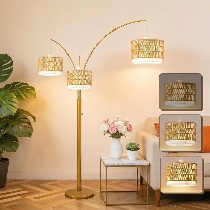 Gold Arc Floor Lamp for Living Room, Boho Floor Lamp with Stepless Dimmable Switch, Rattan Standing Lamp with Wicker&Fabric Shade, Mid Century Tall Lamp for Bedroom Over Couch Reading